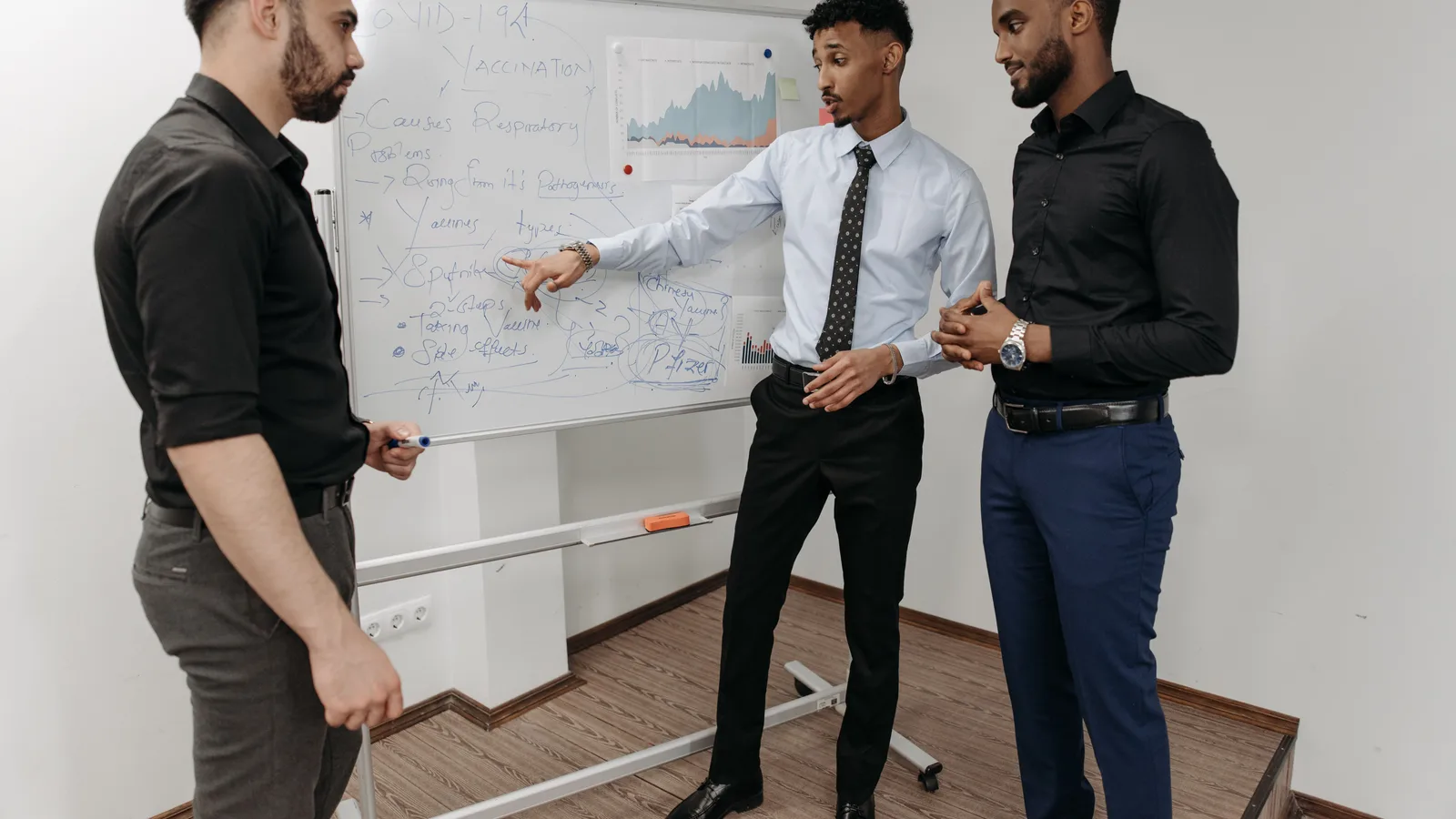 Three professionals discussing strategies at a whiteboard in an office setting.