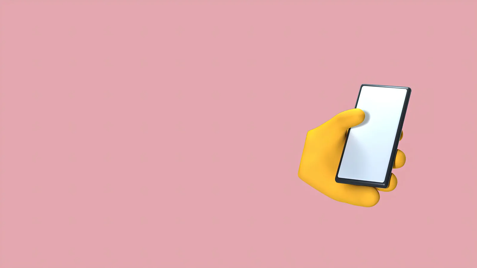 3D illustration featuring a yellow hand holding a smartphone against a pink background.