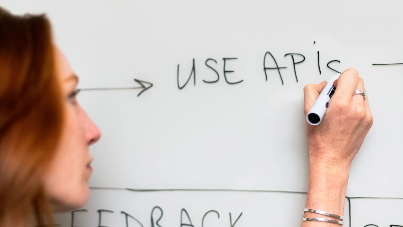 A woman writes 'Use APIs' on a whiteboard, focusing on software planning and strategy.