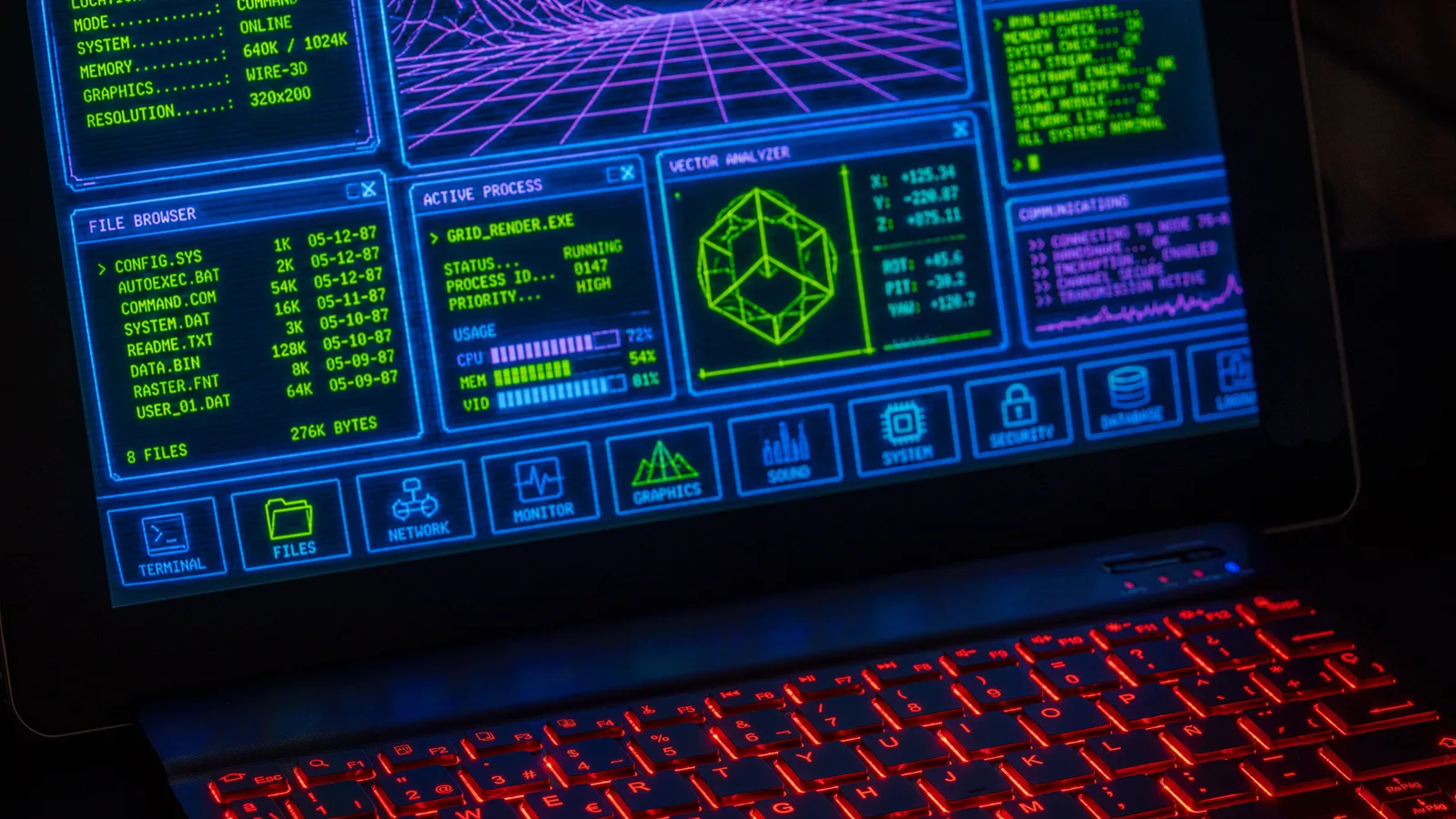 Futuristic digital interface displayed on laptop screen with neon red keyboard.